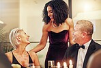 Senior, party or couple of friends at a celebration or luxury new year at a social event on holiday. Relaxing, happy or successful mature people enjoy talking, bonding or speaking at fun dinner gala