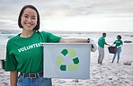 Cleaning, recycle and portrait of asian woman at beach for plastic, environment or earth day. Recycling, sustainability and climate change with volunteer and trash for pollution and eco friendly
