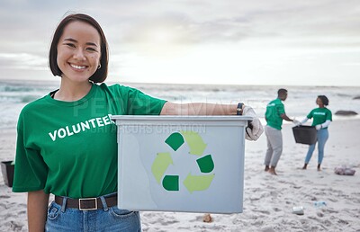 Buy stock photo Cleaning, recycle and portrait of asian woman at beach for plastic, environment or earth day. Recycling, sustainability and climate change with volunteer and trash for pollution and eco friendly
