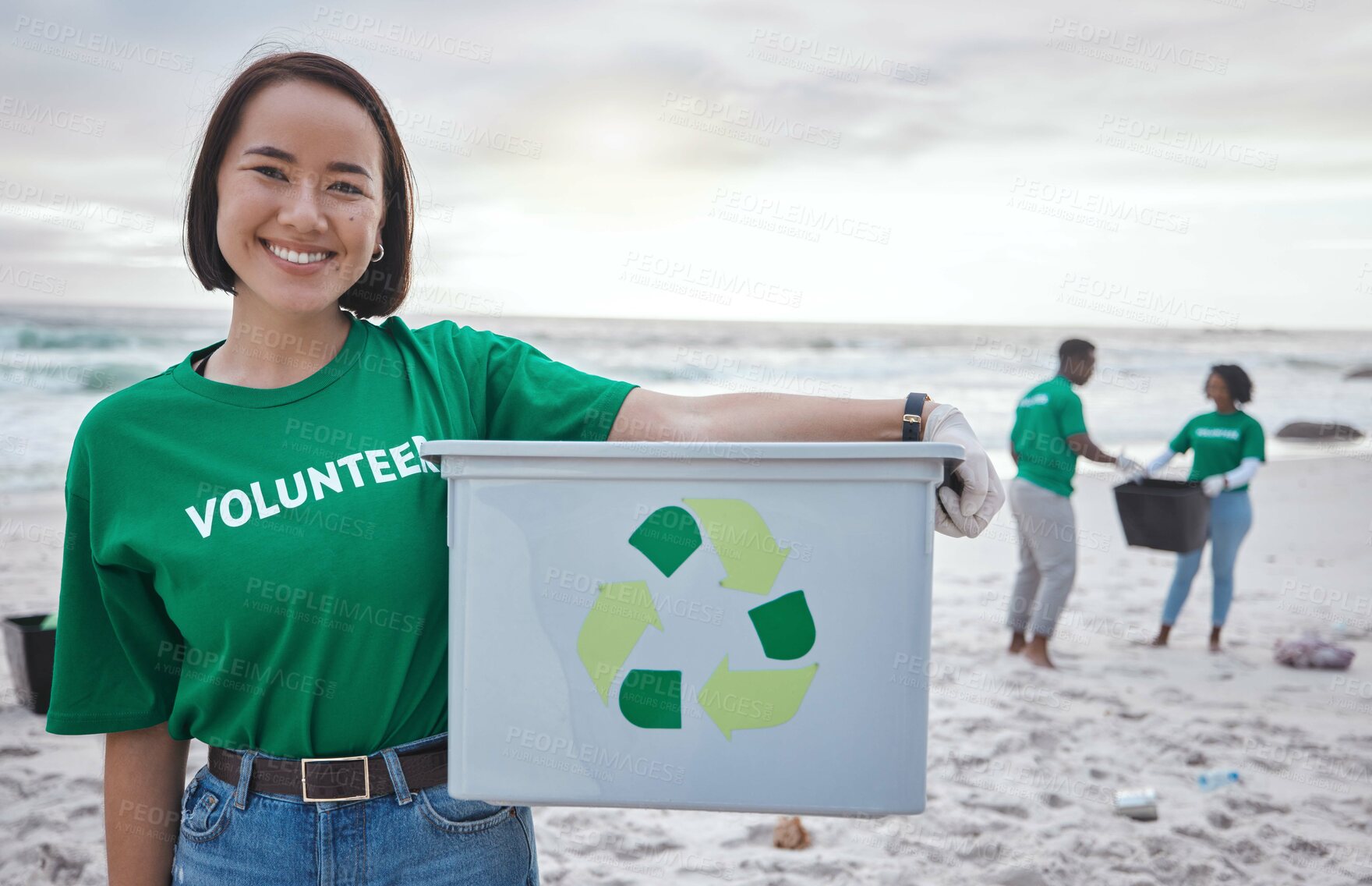 Buy stock photo Cleaning, recycle and portrait of asian woman at beach for plastic, environment or earth day. Recycling, sustainability and climate change with volunteer and trash for pollution and eco friendly
