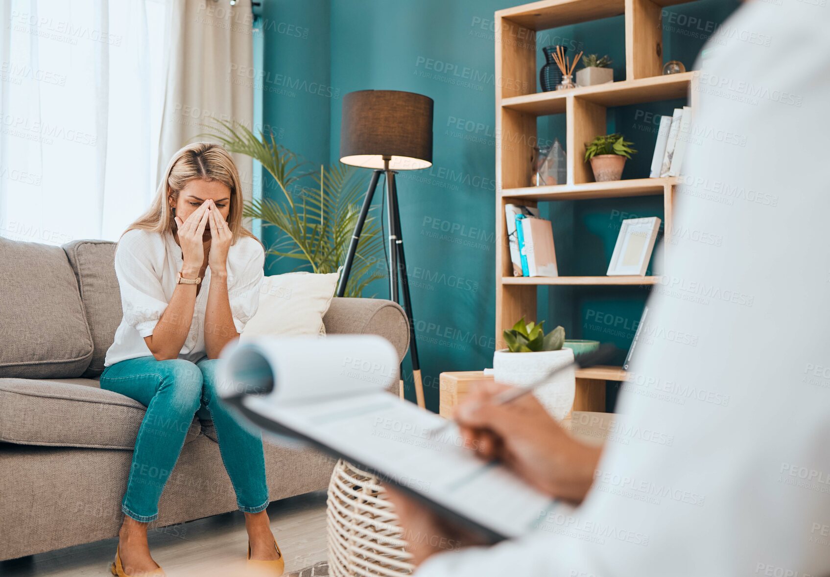 Buy stock photo Mental health, woman crying on sofa and psychologist consulting, writing notes on clipboard for advice in office. Stress, anxiety and depression, sad patient and therapist help in consultation room.