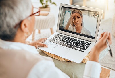 Buy stock photo Laptop, video call and mental health with virtual therapy consultation, doctor and patient with communication. Psychologist, depression and women talk about trauma and anxiety, support and trust