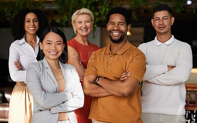 Buy stock photo Portrait, smile and group of business people with arms crossed for career pride. Teamwork diversity, collaboration and happy, confident and proud employees, men and women together for team building.