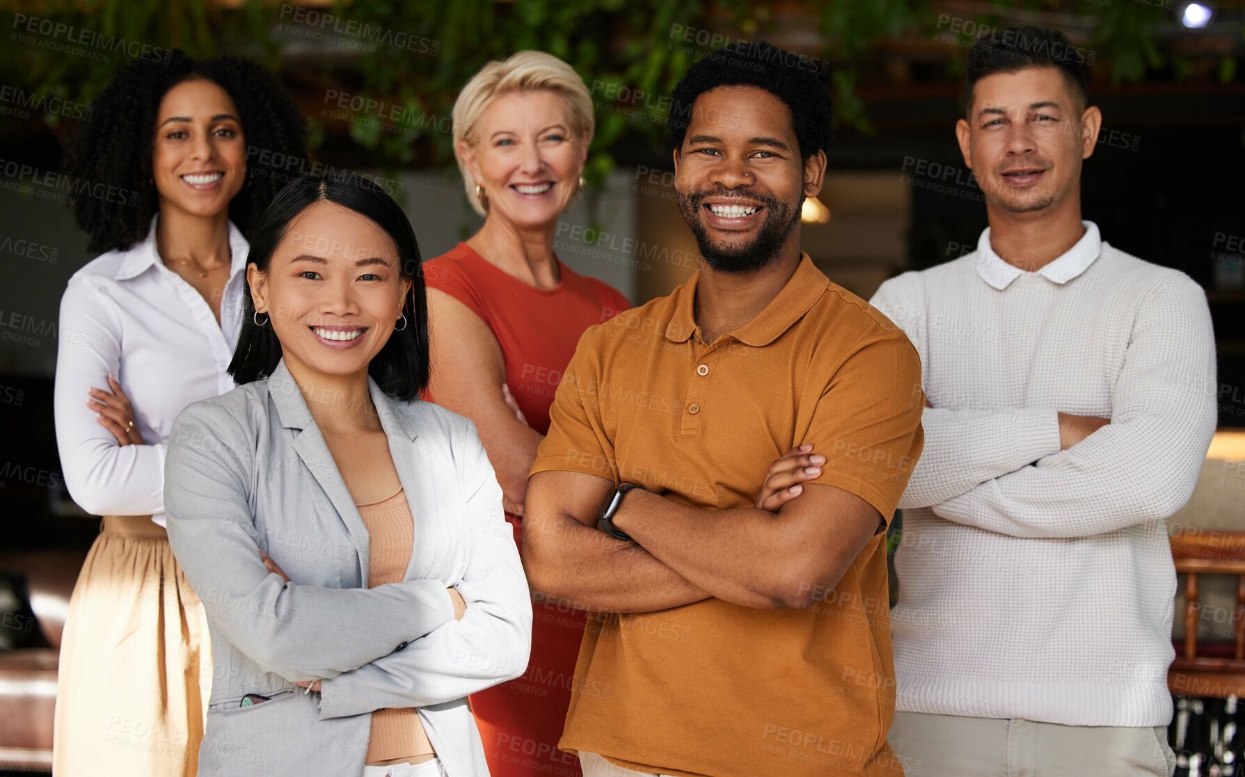 Buy stock photo Portrait, smile and group of business people with arms crossed for career pride. Teamwork diversity, collaboration and happy, confident and proud employees, men and women together for team building.