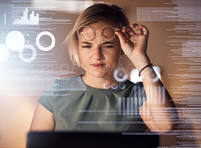 Buy stock photo Laptop, coding or abstract for business woman, confused worker or curious web designer in night office. Programmer, technology or 3d code in dark company for cybersecurity, software or data analytics