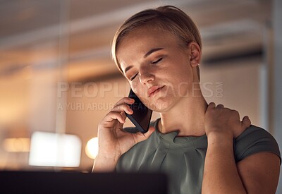 Buy stock photo Phone call, neck pain and woman with burnout, night and worker with muscle tension, stress and health. Dark, female leader and manager with smartphone for communication, tired and overtime in office