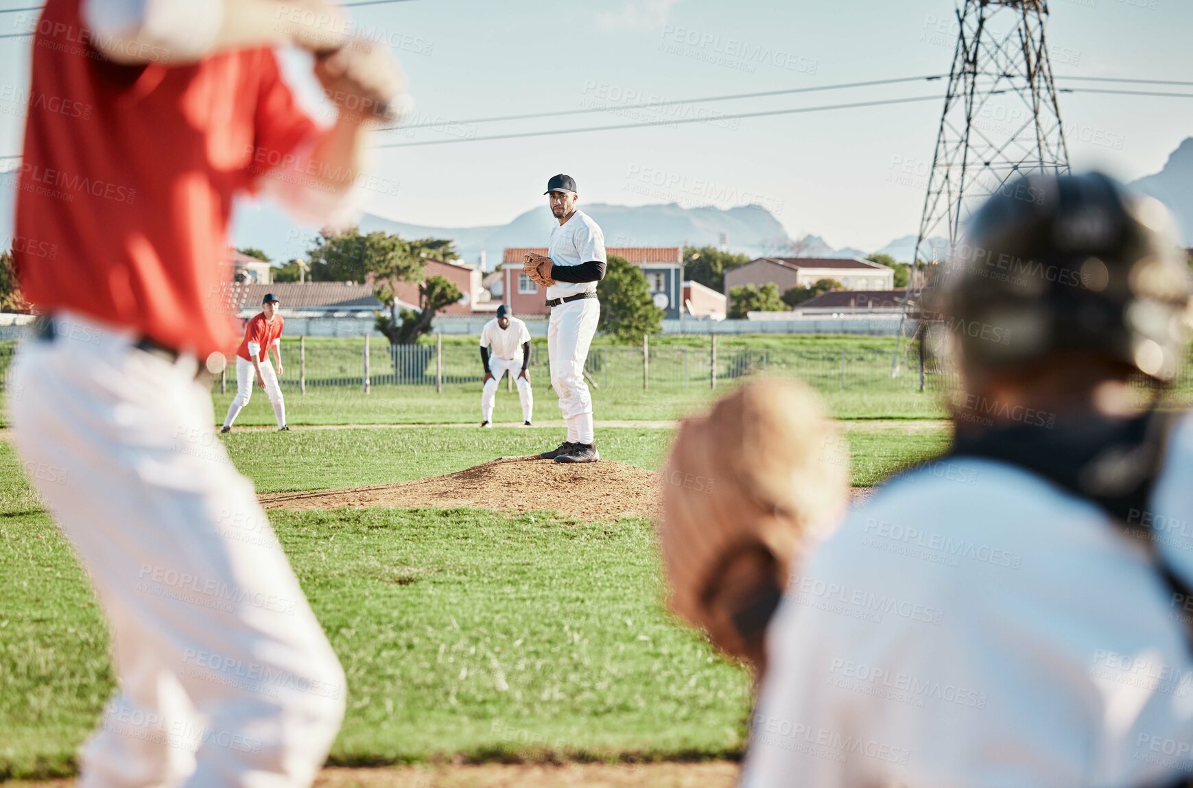 Buy stock photo Men, pitcher or baseball player with glove in game, match or competition challenge on field, ground or stadium grass. Softball, athlete or sports people in pitching, teamwork collaboration or fitness