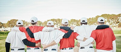 Buy stock photo Back, teamwork and solidarity with a baseball group of people standing outdoor on a field for a game. Teamwork, support and training with friends or teammates in unity on a pitch for sports in summer