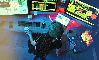 Buy stock photo Coding hacker, woman programmer and computer work for cybersecurity, programming and big data. Hack above, dashboard and technology of a female working on futuristic, iot and software database 