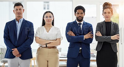 Buy stock photo Business people, portrait and serious team with arms crossed in confidence for leadership at the office. Diversity, men and women in corporate management, teamwork or company mission at the workplace