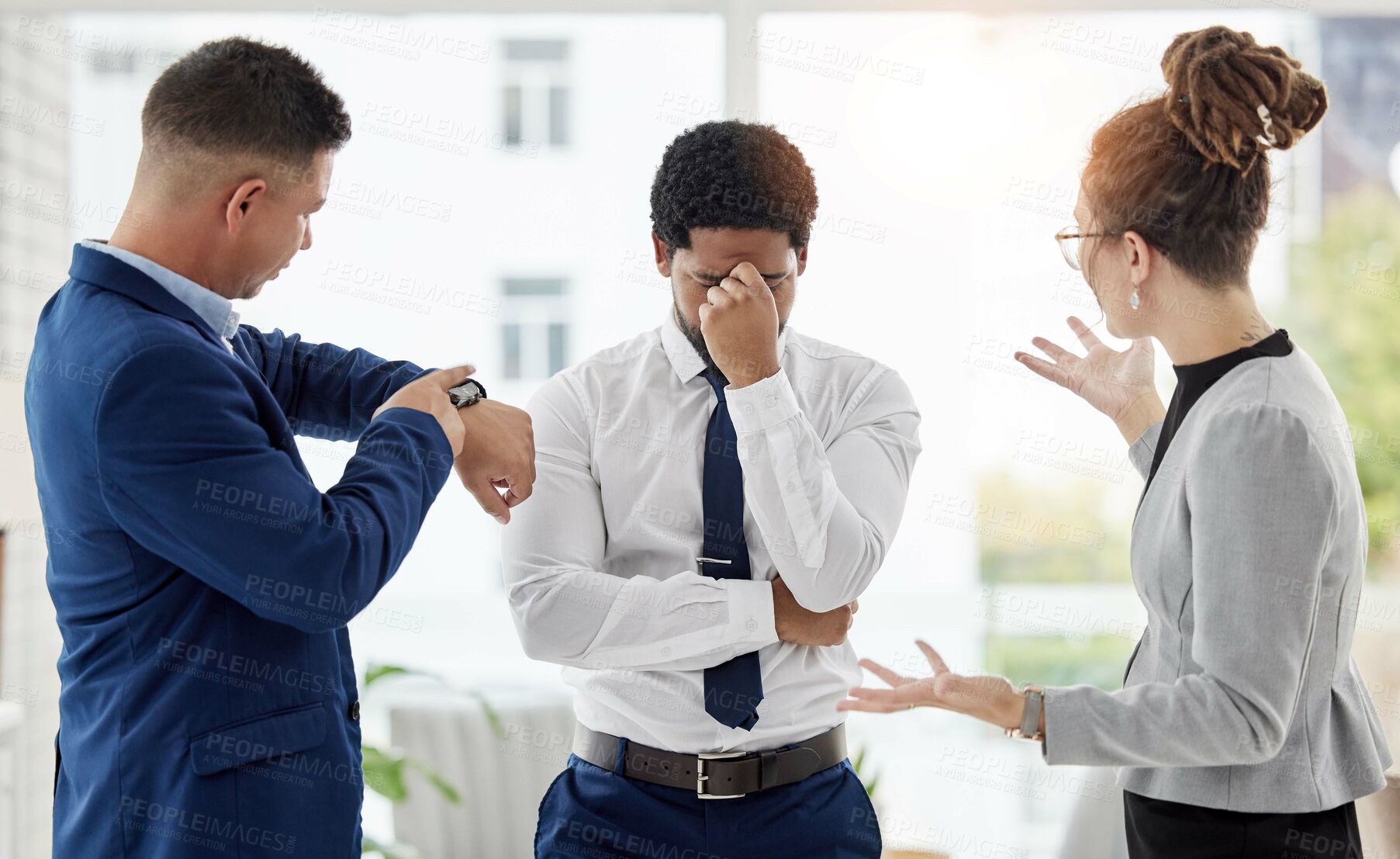 Buy stock photo Late, deadline and stress from worker from angry management team in a office. Upset, anxiety and fatigue of a business man behind time with frustrated manager in a company feeling disappointed