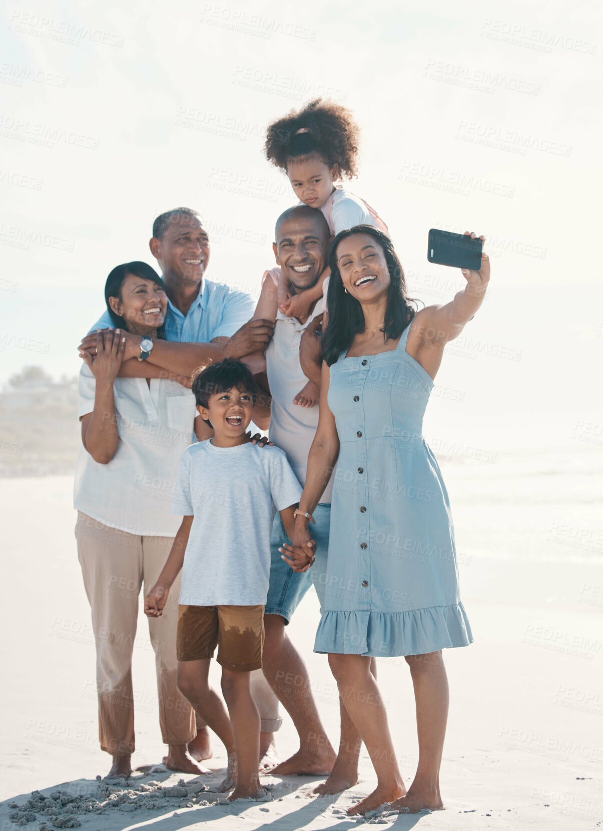 Buy stock photo Selfie, beach and portrait of happy family on social media together at the sea or ocean for love, care and happiness. Internet, online and parents with children or kids and grandparents on a holiday