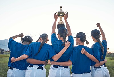 Buy stock photo Baseball, trophy and team celebrate win with women outdoor on a pitch for sports competition. Behind professional athlete or softball player group show champion prize, award or achievement at a game