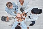 Hands stack, group circle and business people celebrate community cooperation, synergy or corporate meeting. Top view, project collaboration or staff partnership, solidarity and team building support
