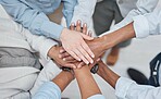 Hands stack, group teamwork and business people celebrate corporate society goals, synergy or agency meeting. Top view, collaboration and closeup team building support, mission motivation or trust