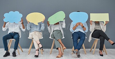 Buy stock photo Social media, speech bubble and business people with a sign for opinion in a waiting room for an hr interview. Marketing, advertising or communication with men and woman in the office for recruitment