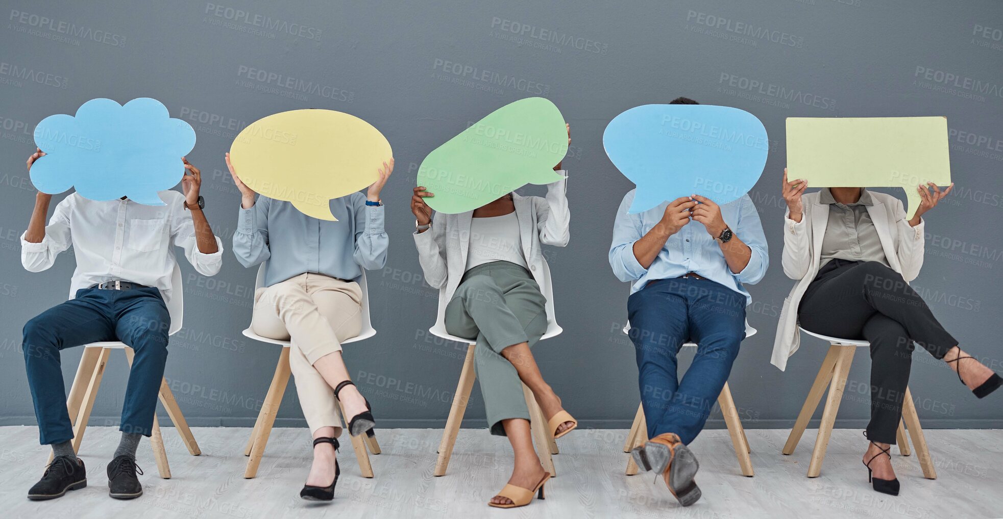 Buy stock photo Social media, speech bubble and business people with a sign for opinion in a waiting room for an hr interview. Marketing, advertising or communication with men and woman in the office for recruitment