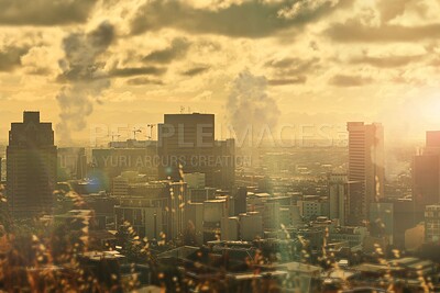 Buy stock photo City, pollution and buildings and smoke, clouds and fumes in urban area, environment and climate change. Emissions, power plants and factories in atmosphere, skyline and danger in toxins, gas or air