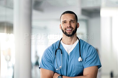 Buy stock photo Smile, nurse and portrait of man with arms crossed in hospital for healthcare, wellness or nursing. Face of happy surgeon, confident medical professional and employee, worker and expert in Brazil