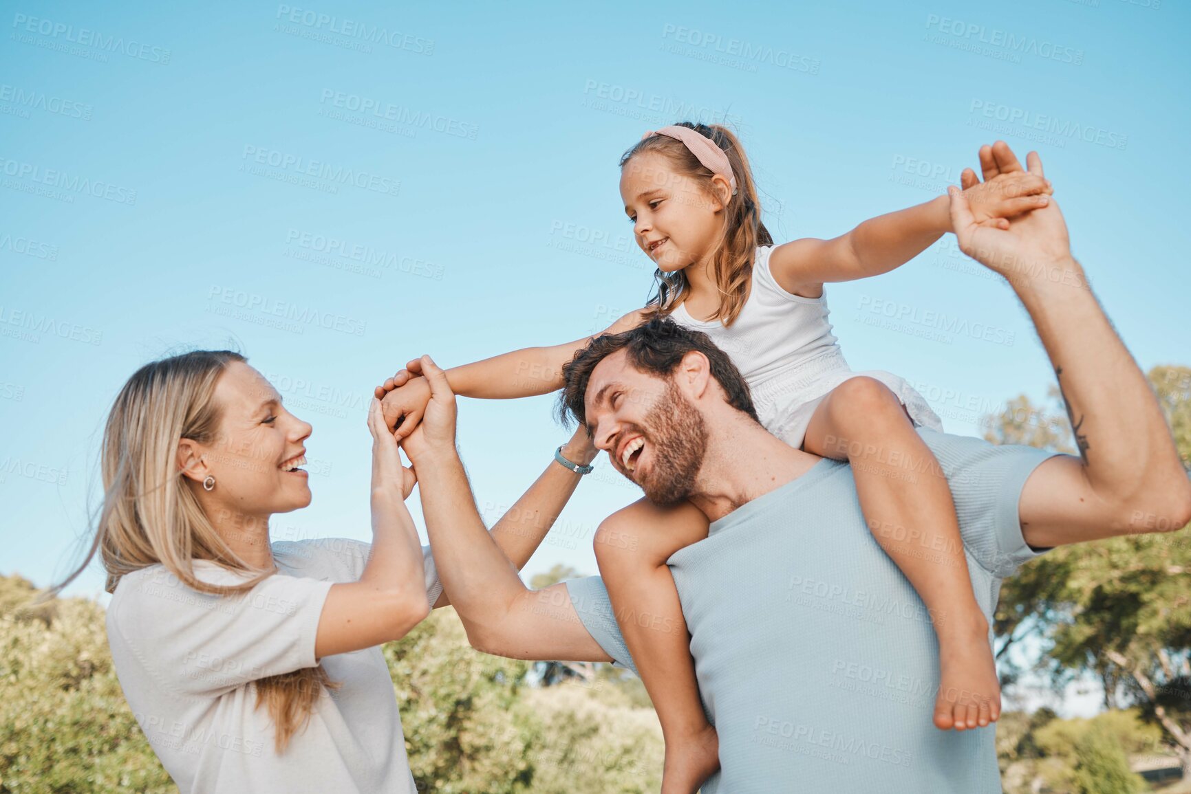 Buy stock photo Nature, shoulder carry and happy family kid, mother and father enjoy time together, natural park or fun plane game. Freedom, support and walking mom, child and papa bonding, playing or piggyback girl