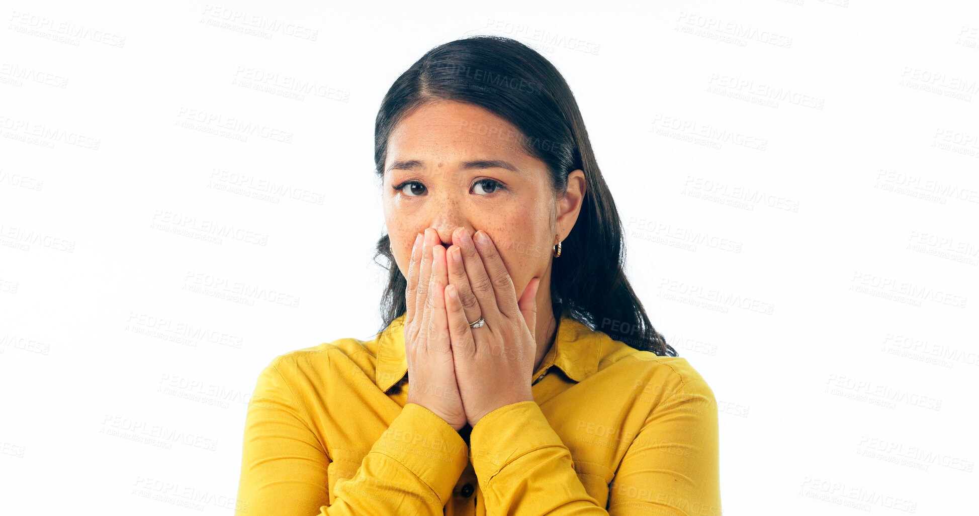 Buy stock photo Wow, surprise and hands on face of woman in studio with bad news, mistake or oops emoji on white background. Omg, shock and portrait of lady model with fail, crisis or sorry, regret or gossip drama