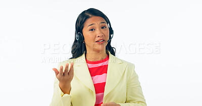 Buy stock photo Call center, talking and portrait of Asian woman for customer support, CRM service and consulting. Communication, networking and face of person for telemarketing business on white background studio