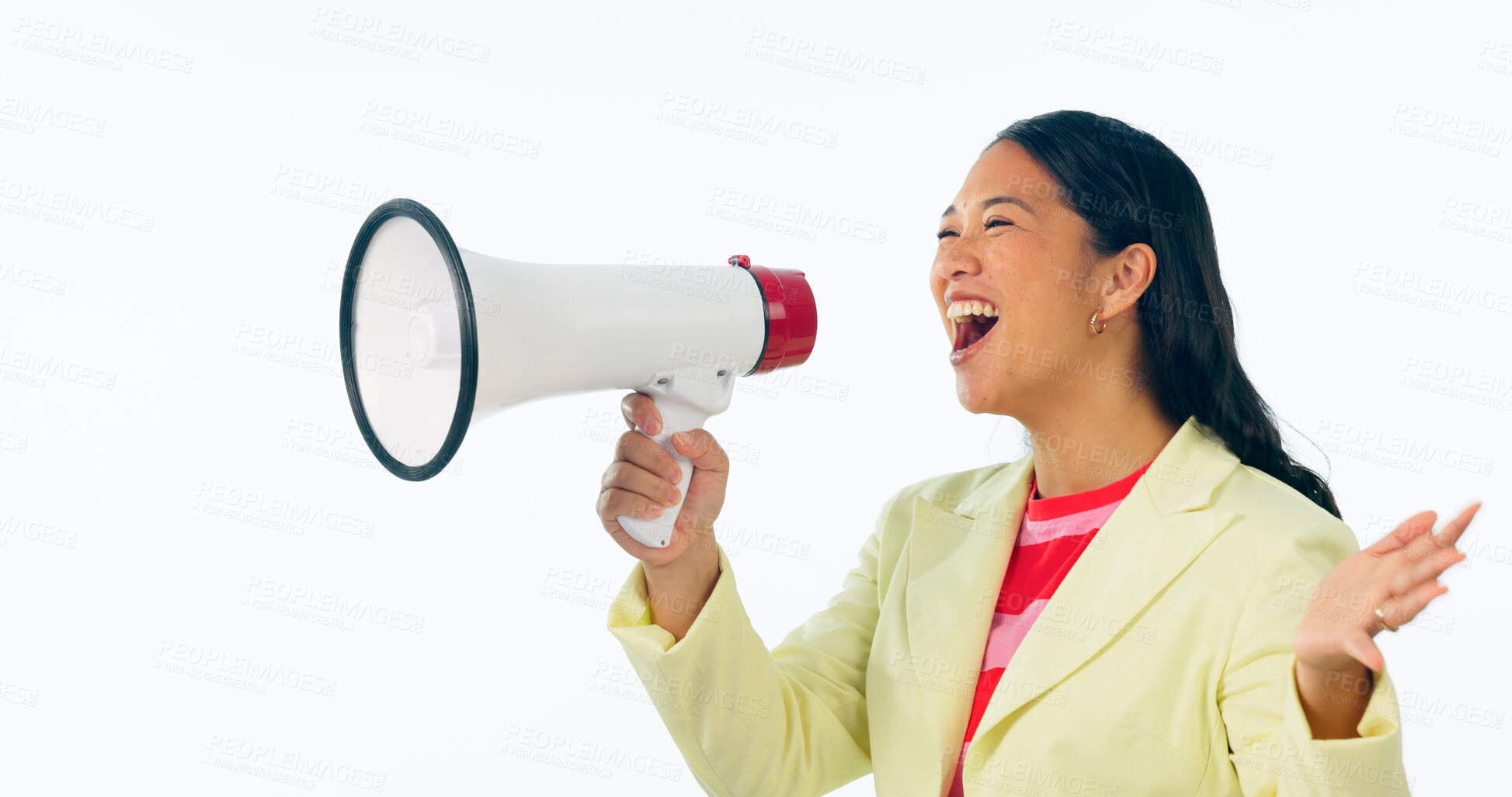 Buy stock photo Woman, megaphone and voice for announcement, broadcast or news of sale or discount on a white background. Happy or excited Asian person with call to action, attention and noise for winner in studio