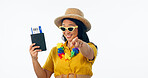 Woman, smile and point at you in studio with passport, plane ticket or call to action by white background. Japanese tourist girl, travel documents and happy for flowers, choice or holiday in Hawaii