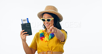 Buy stock photo Woman, smile and point at you with passport in studio, plane ticket or call to action by white background. Japanese tourist girl, travel documents and happy for vacation, choice or holiday in Hawaii