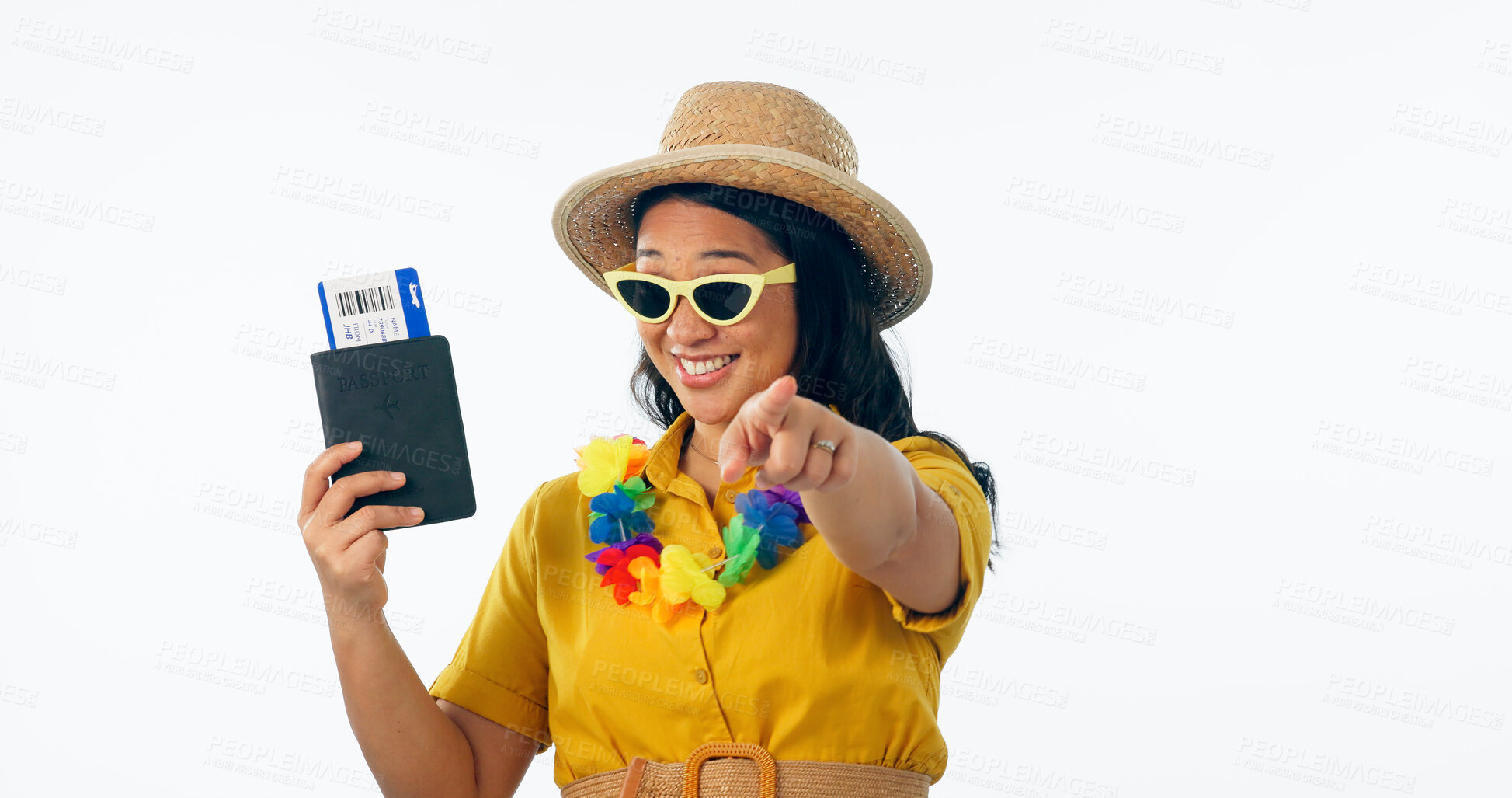 Buy stock photo Woman, smile and point at you with passport in studio, plane ticket or call to action by white background. Japanese tourist girl, travel documents and happy for vacation, choice or holiday in Hawaii