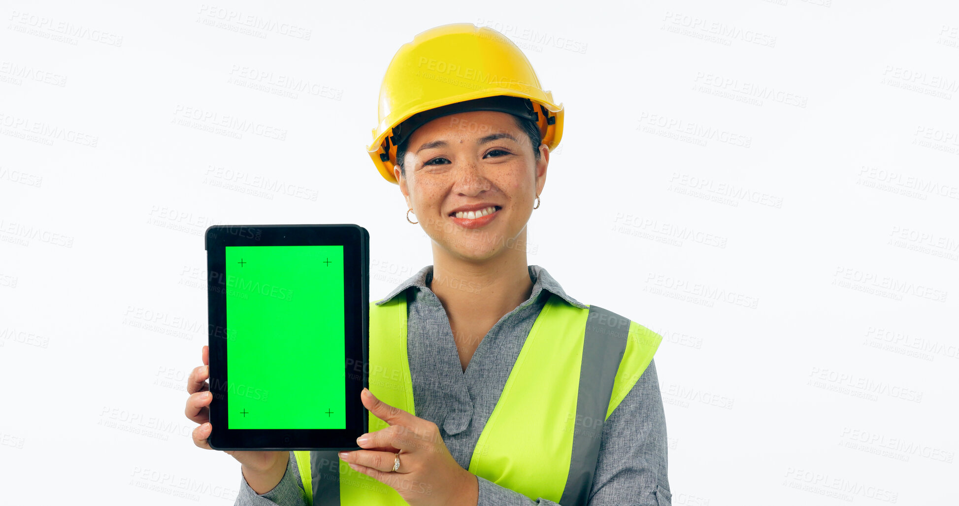 Buy stock photo Engineering woman, tablet green screen and presentation for renovation, architecture or design in studio. Portrait, construction worker or asian person and digital mockup isolated on white background