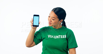 Buy stock photo Woman, volunteer and phone screen of website presentation, donation information or sign up in studio. Person reading mobile app for NGO, volunteering or nonprofit space isolated on a white background