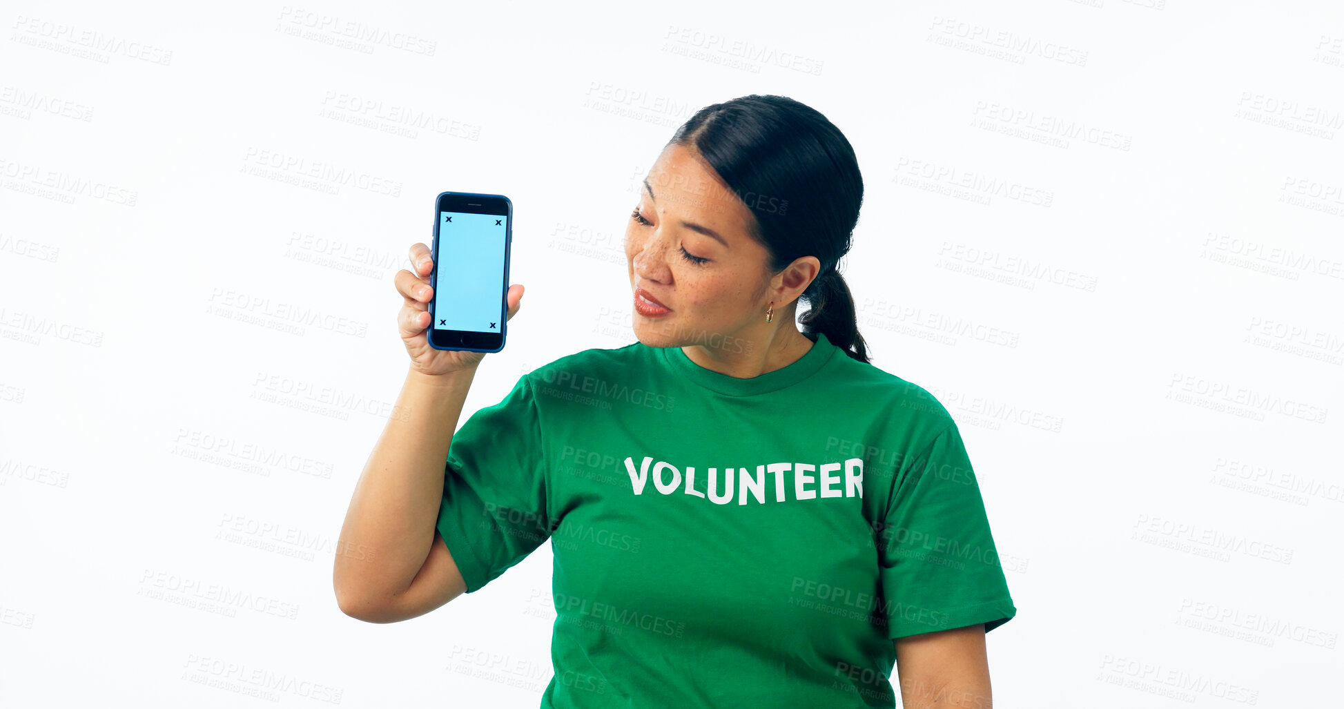 Buy stock photo Woman, volunteer and phone screen of website presentation, donation information or sign up in studio. Person reading mobile app for NGO, volunteering or nonprofit space isolated on a white background