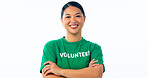 Portrait, woman or charity volunteer in studio with arms crossed for community service, earth day or help non profit. Asian ngo worker smile for donation to support climate change on white background