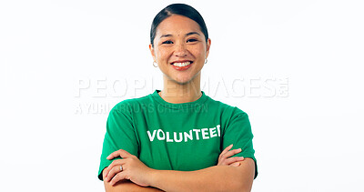 Buy stock photo Portrait, woman or charity volunteer in studio with arms crossed for community service, earth day or help non profit. Asian ngo worker smile for donation to support climate change on white background