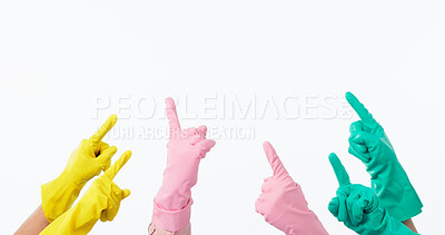 Buy stock photo Cleaner gloves, hands and closeup with point to mockup space, studio and promotion by white background. Rubber ppe, safety and color with finger for feedback, review and choice for cleaning services