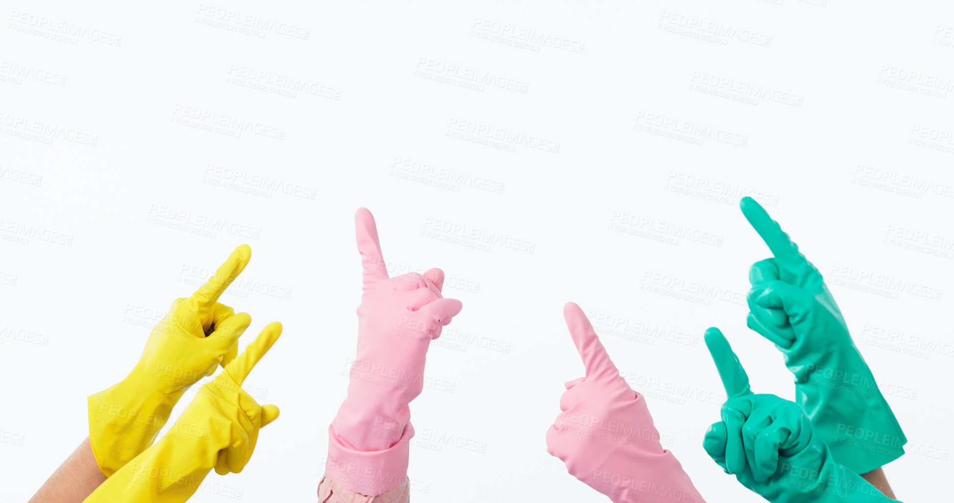 Buy stock photo Cleaner gloves, hands and closeup with point to mockup space, studio and promotion by white background. Rubber ppe, safety and color with finger for feedback, review and choice for cleaning services