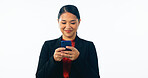 Asian lawyer woman, phone and studio with smile, reading and texting client with news by white background. Japanese advocate, attorney or corporate legal expert with smartphone, typing and networking