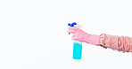 Cleaner gloves, hands and spray in studio with bottle for liquid chemical in mockup space by white background. Person, ppe and sanitizer with product for dust, bacteria and spring cleaning service