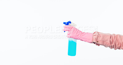 Buy stock photo Cleaner gloves, hands and spray in studio with bottle for liquid chemical in mockup space by white background. Person, ppe and sanitizer with product for dust, bacteria and spring cleaning service