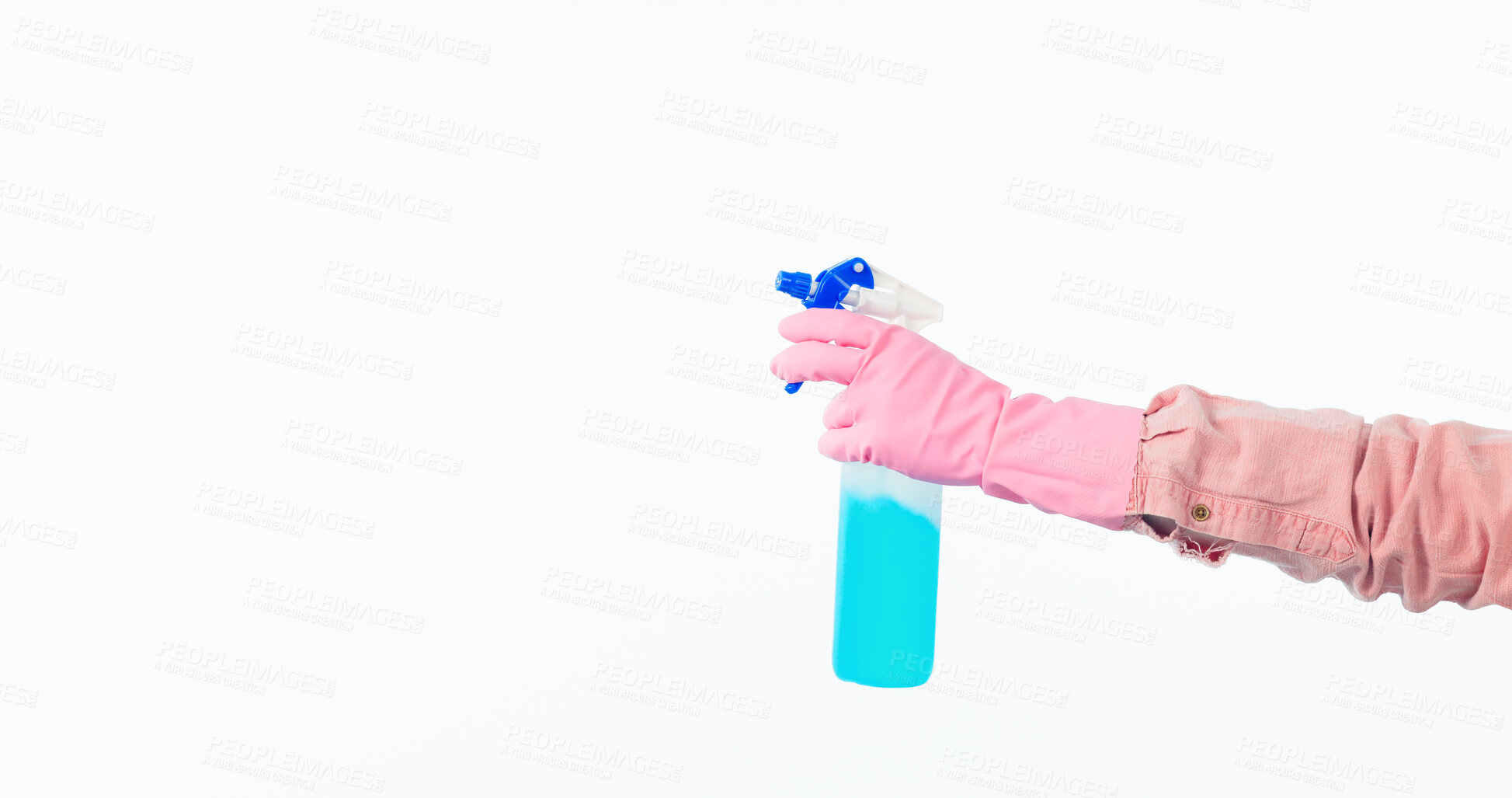 Buy stock photo Cleaner gloves, hands and spray in studio with bottle for liquid chemical in mockup space by white background. Person, ppe and sanitizer with product for dust, bacteria and spring cleaning service