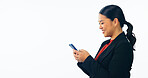Business woman, phone and social media, communication or networking in human resources on studio banner or mockup. Employee typing on mobile, online chat or opportunity isolated on a white background
