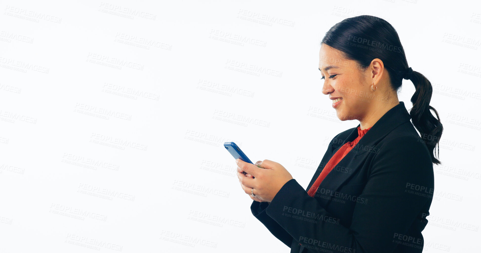 Buy stock photo Business woman, phone and social media communication or networking in human resources on studio banner or mockup. Employee typing on mobile, online chat or opportunity isolated on a white background
