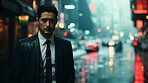 Asian man, night and mafia with city street, spy and mysterious in  rain. Serious, looking and rain with male wearing business suit for gangster, profit and asset for protective services and bodyguard