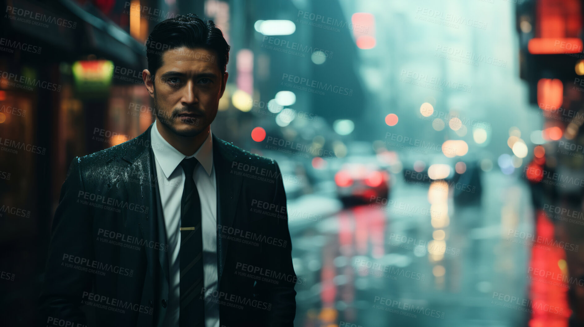 Buy stock photo Asian man, night and mafia with city street, spy and mysterious in  rain. Serious, looking and rain with male wearing business suit for gangster, profit and asset for protective services and bodyguard