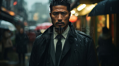 Asian man, night and mafia with city street, spy and mysterious in rain. Serious, looking and rain with male wearing business suit for gangster, profit and asset for protective services and bodyguard
