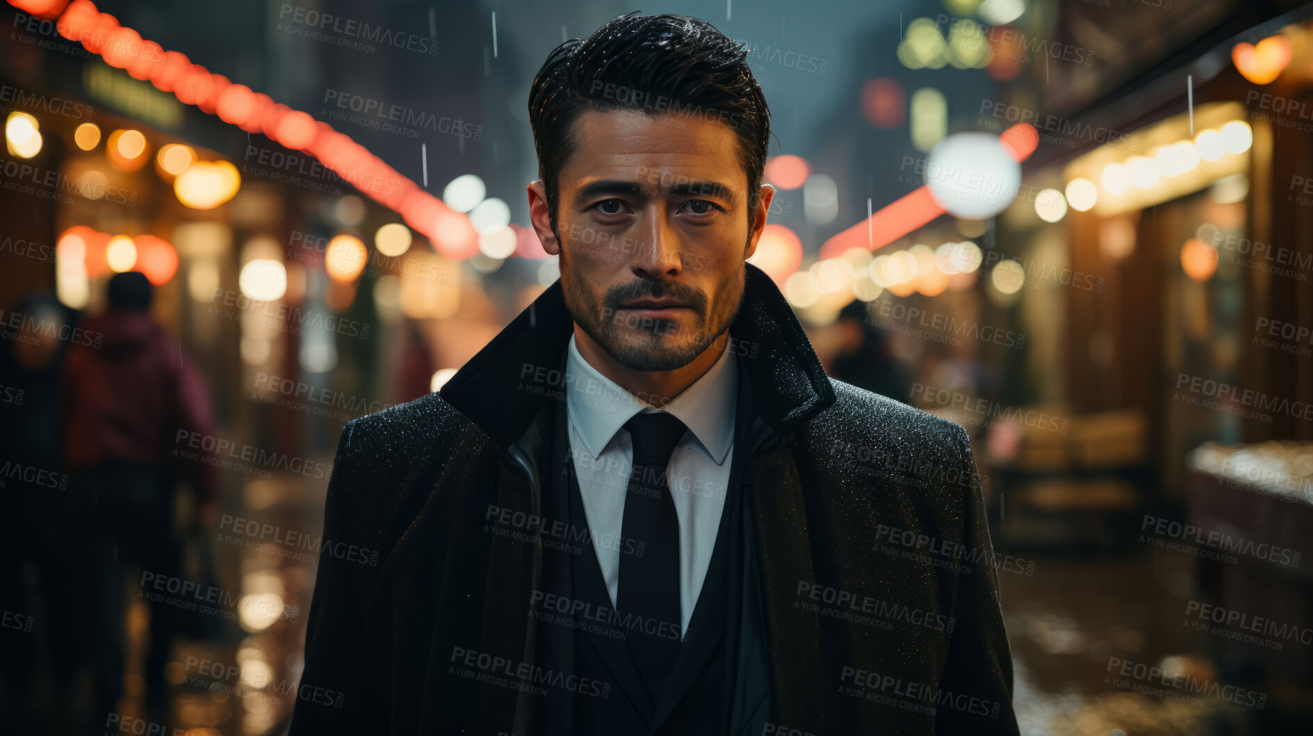 Buy stock photo Asian man, night and mafia with city street, spy and mysterious in  rain. Serious, looking and rain with male wearing business suit for gangster, profit and asset for protective services and bodyguard