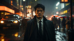 Asian man, night and mafia with city street, spy and mysterious in  rain. Serious, looking and rain with male wearing business suit for gangster, profit and asset for protective services and bodyguard