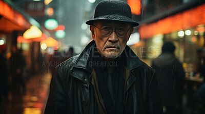 Asian man, portrait and mafia boss or senior, entrepreneur and professional in city street. Serious, looking and urban with male wearing a black clothes for leadership, gangster and success at night