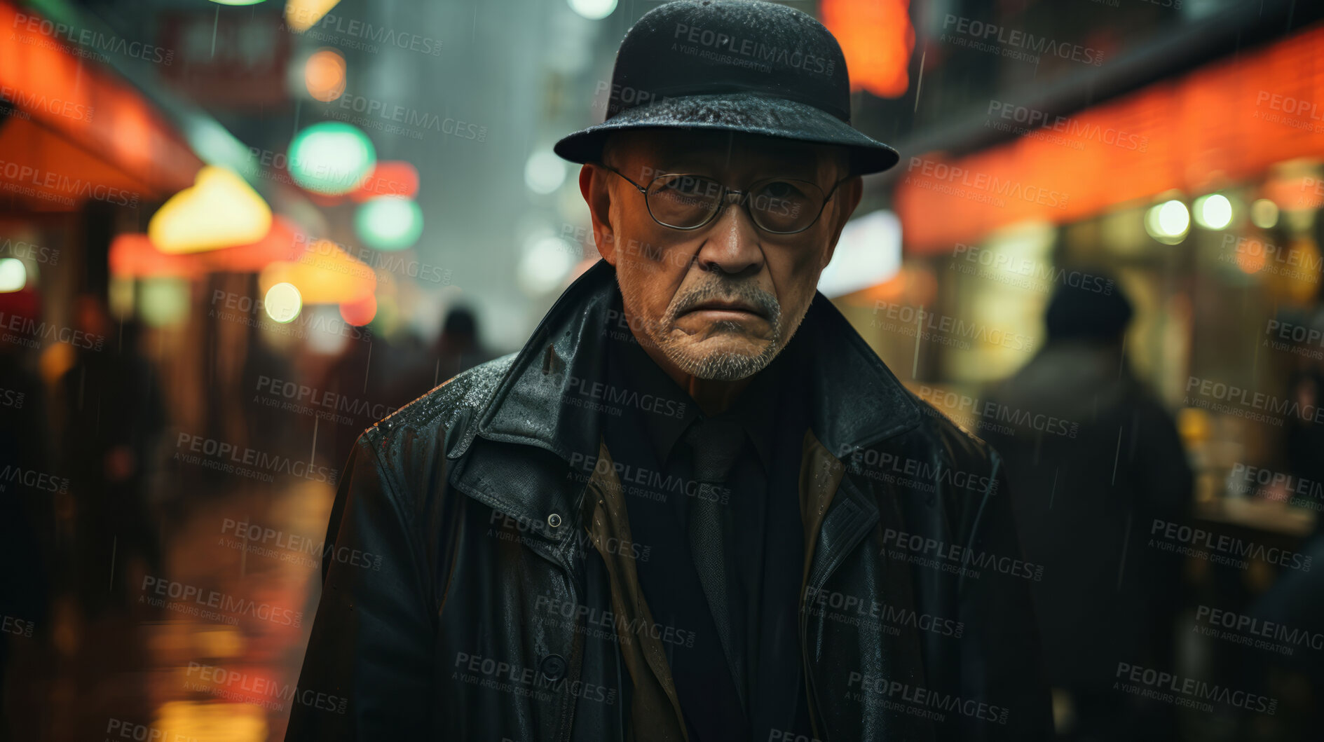 Buy stock photo Asian man, portrait and mafia boss or senior, entrepreneur and professional in city street. Serious, looking and urban with male wearing a black clothes for leadership, gangster and success at night